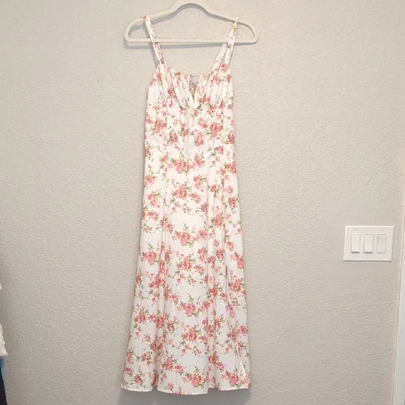 Parthea white pink floral sleeveless basque waist lace up thigh slit maxi dress - Picture 8 of 14